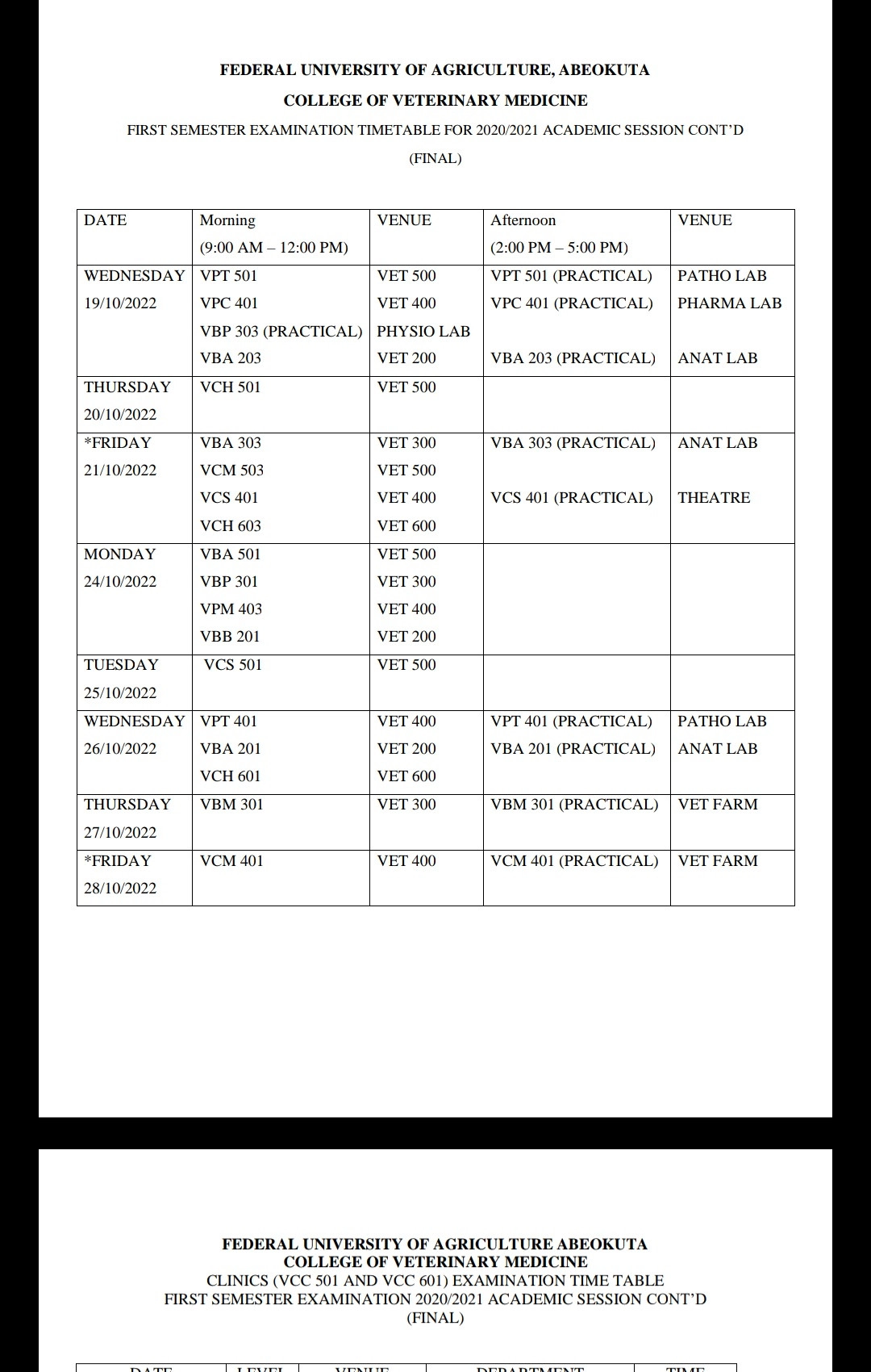 FUNAAB Timetable