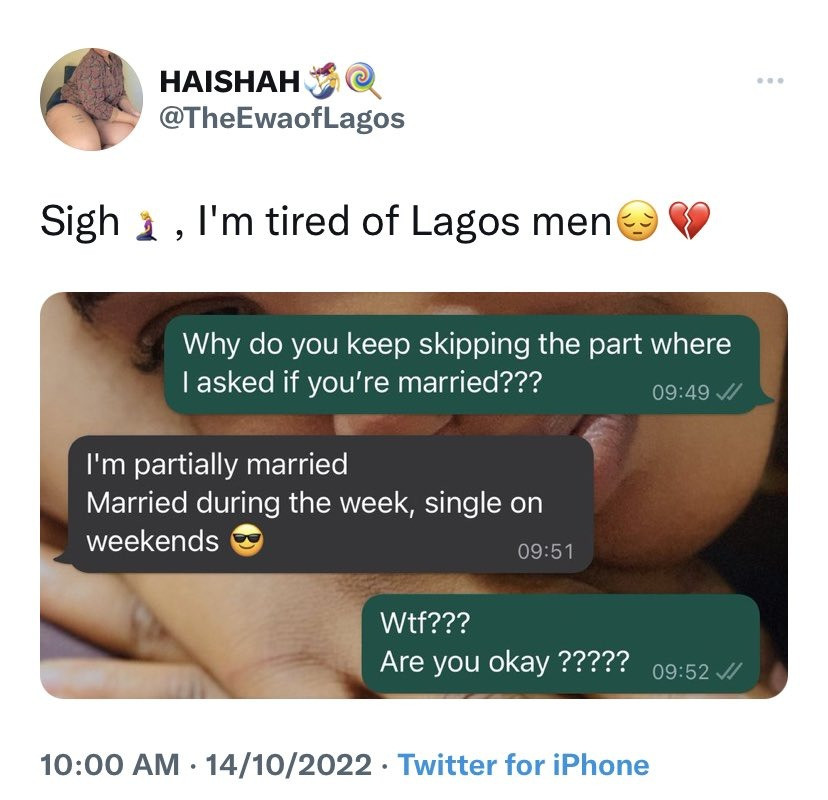 I am partially married lady shares screenshot of message she received from a married man in Lagos asking her out 1
