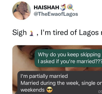 I am partially married lady shares screenshot of message she received from a married man in Lagos asking her out