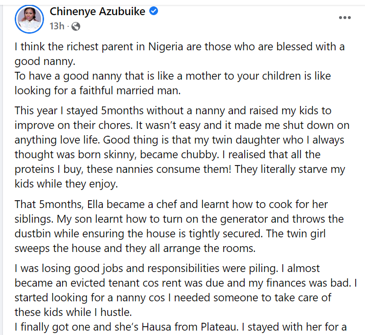 Nigerian lady narrates how her nanny quit her job because she is horny and cant go out to have