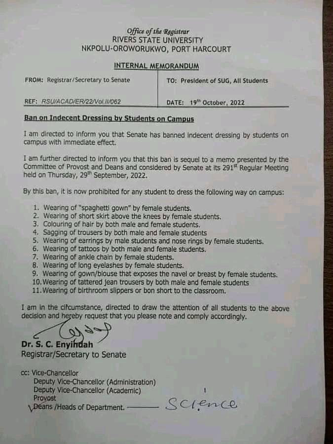 Rivers varsity bans nose rings, tattoos, long eyelashes, miniskirts, ankle chains, others on campus