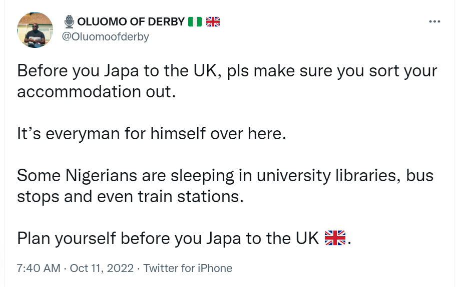 Some Nigerians are sleeping in university libraries and bus stops in UK due to unsorted accommodation UK based Nigerian man writes