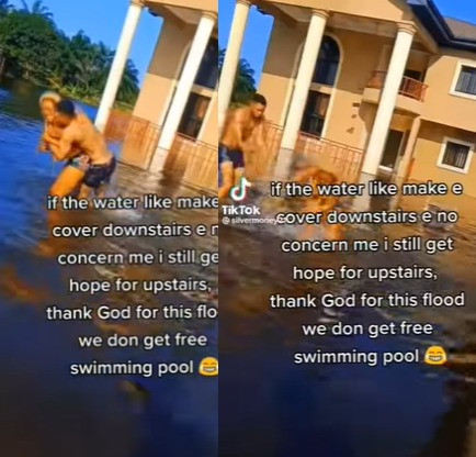Thank God for this flood. We have free swimming pool Man writes as heavy flood takes over his familys compound video