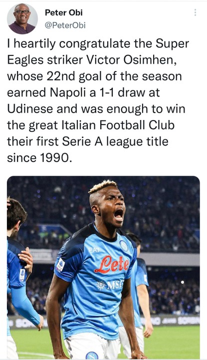 Peter Obi Hails Osimhen039s Serie A Triumph With Napoli